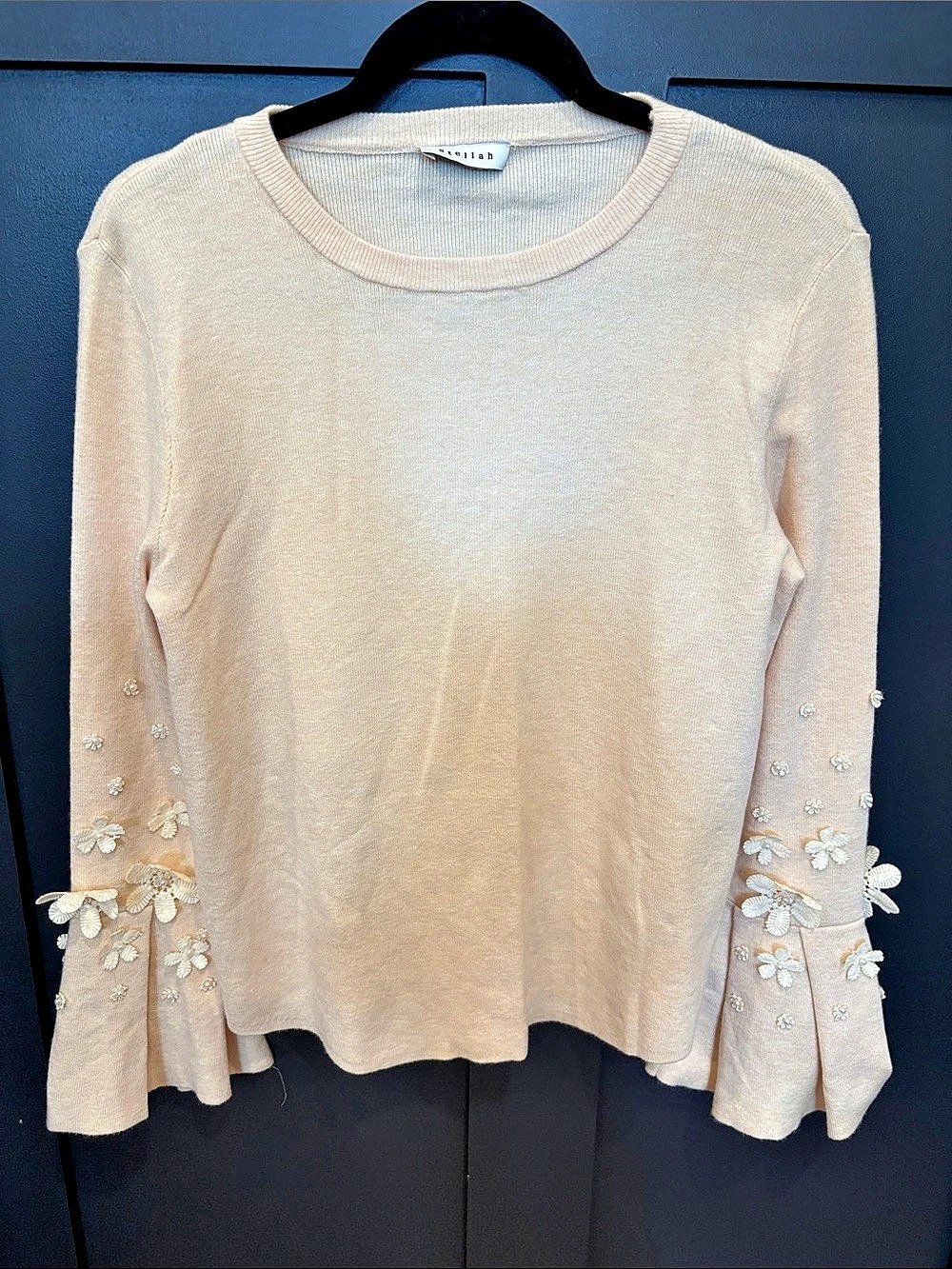 749. Stellah Pearl Trim Ruffle Sleeve Sweater in Peach